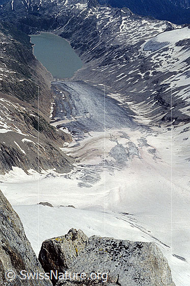 Foto: Tiefblick vom Oberaarhorn über den Oberaargletscher auf den Oberaarsee. Aufnahme ab Dia.
