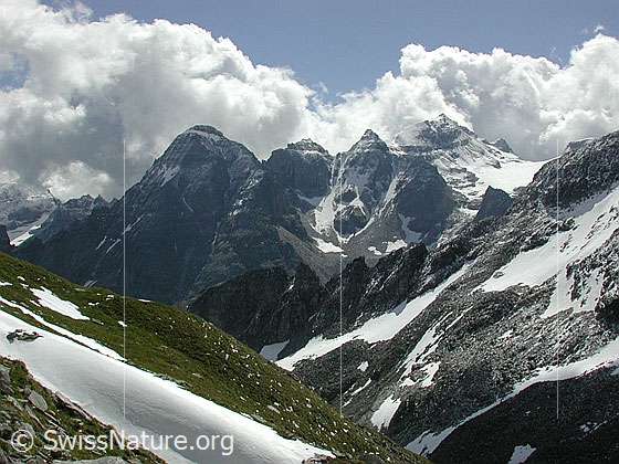 Foto: Im Aufstieg über Rote-Sulz. Blick Richtung E auf die Helsenhorn-Gruppe.
