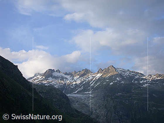 Foto: Rhonegletscher im Abendlicht von WSW 
Im Hintergrund: Sidelenhorn, Gr. Furkahorn und Kl. Furkahorn.