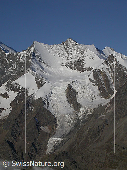 Foto: Mischabel von NE (Hohsaas)
Lenzspitze, Nadelhorn, Stecknadelhorn und Hohberghorn. Vorgelagert der Hohbalmgletscher und das Ulrichshorn