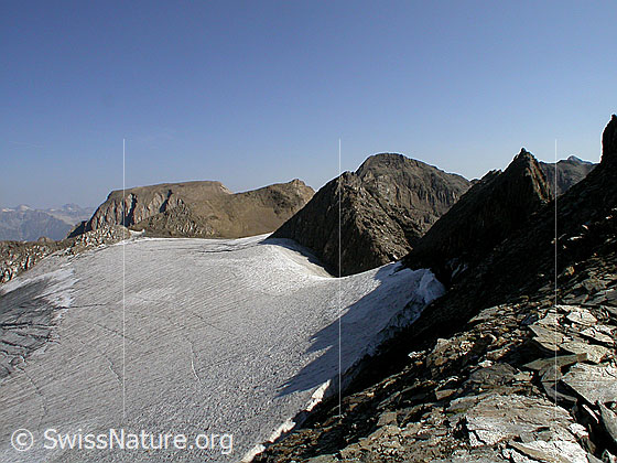 Foto: Gipfel 4. Turbechepf (Pt. 3118): Blick Richtung NNE über den Fäldbachgletscher zu Rappehorn und Ober Rappehorn.