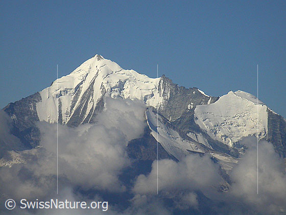 Foto: Gipfel Spitzhorli: Blick zu Weisshorn, Brunegghorn und Bishorn.
Gletscher: Am Weisshorn der oberste Teil des Bisgletscher, am Bishorn der oberste Teil des Brunegggletschers.