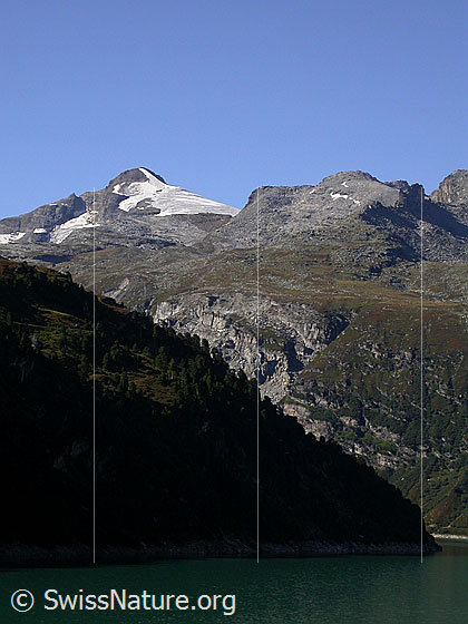 Foto: Zervreilasee, Güferhorn und Furggeltihorn.
Blick von der Staumauer des Zervreilasee.