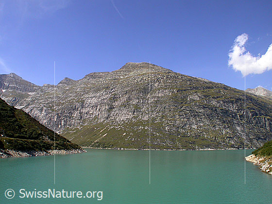 Foto: Blick über den südlichen Seitenarm des Zervreilasee zum Ausläufer des Frunthorn.