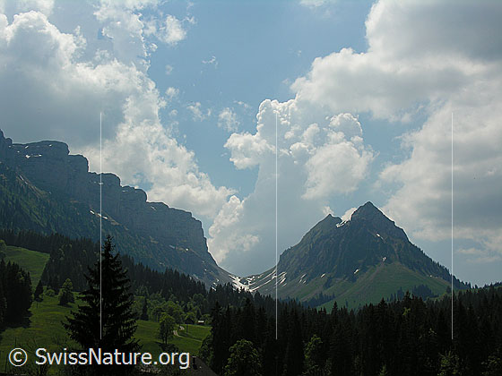 Foto: Sichle (Übergang Eriz - Justistal/Thunersee). Links die Sieben Hengste, rechts der Burst. Am Himmel grosse Quellwolken.