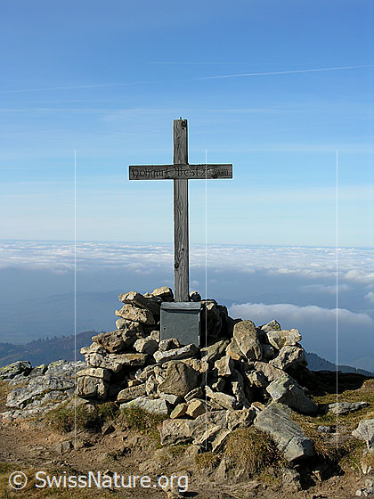 Foto: Gipfelkreuz und Kasten mit Gipfelbuch auf dem Hohgant West mit Nebelmeer im Hintergrund.