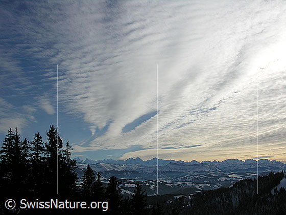 Foto: Blick vom Farnliesel über schneebedeckte Emmentaler Hügellandschaft Richtung Berner Alpen. Schleierwolken bilden interessante Muster am Himmel.