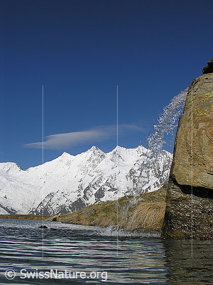 Foto: Mischabel von E
Im Vordergrund: Bergsee mit Wasserfall.
Gipfel: Täschhorn - Dom - Lenzspitze - Nadelhorn .
