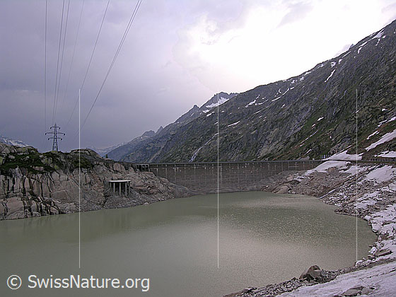 Foto: Blick von der Seeseite auf die Staumauer Seeuferegg. Bei tiefem Wasserstand im Grimselsee.