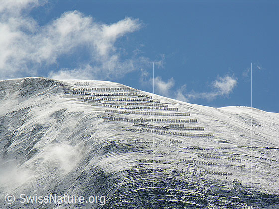 Foto: Aufhellung nach einem kurzen Wintereinbruch. Der Gipfelbereich und die Lawinenverbauungen am Breithorn sind mit Neuschnee überzuckert.