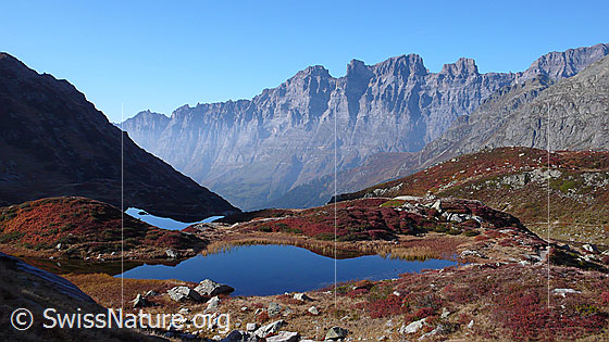 Foto: Spiegelglatter Bergsee umgeben von Pflanzen in kräftigen Herbstfarben. Im Hintergrund ist das Felsmassiv mit Mähren und Wendenstöcke zu sehen.