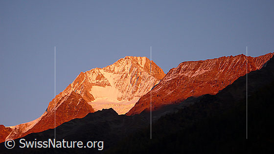 Foto: Klein Nesthorn, Bietschorn, Nestgletscher und Schafberg im Abendlicht.