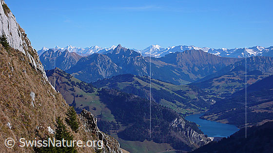 Foto: Blick vom Rochers de Naye zu Rocher Plat, Rocher du Midi, Gummfluh, Wildstrubel, Winterberghorn und auf den Lac de l
