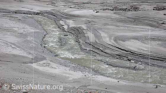 Foto: Wasserlauf und Sandbank in Schwemmebene. Das Wasser hat im Gelände schöne Formen und Strukturen hinterlassen.