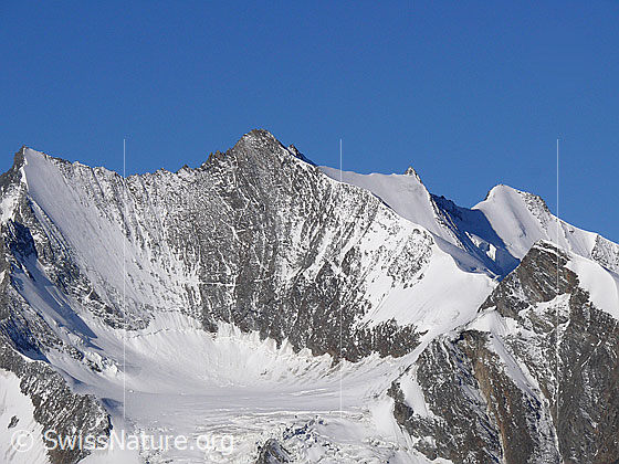 Foto: Lenzspitze, Nadelhorn, Stecknadelhorn und Hohbärghorn (Hohberghorn).
Davor der Kessel, in welchem der Hohbalmgletschers liegt.
