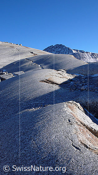 Foto: Gletscherschliff (Aaregranit) am Rhonegletscher.

