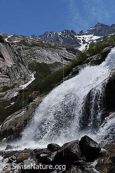 Foto: Erfrischender Wasserfall und Hintere Gelmerhörner.