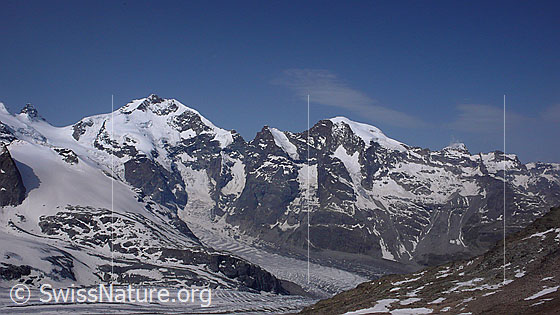 Foto: Piz Bernina und Piz Morteratsch.
Gletscher: Fortezzagletscher - Persgletscher - Morteratschgletscher.