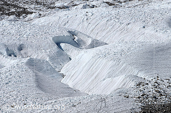 Foto: Blick auf die zerfurchte Eisoberfläche des Gornergletschers.
Zu sehen sind supraglaziale Schmelzwasserkanäle.

