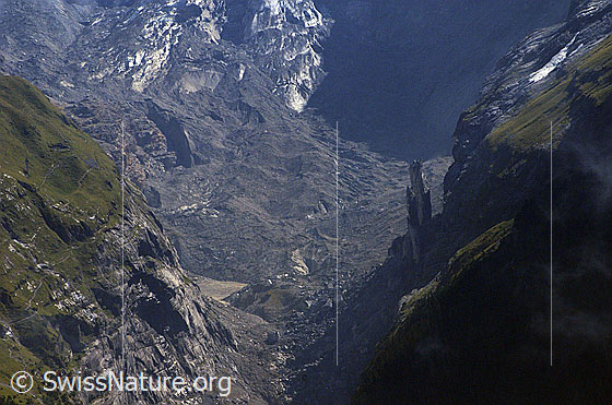 Foto: Unterer Grindelwaldgletscher. Blick auf das Gebiet, welches ca. 2007 für Schlagzeilen sorgte. Rechts ist die Felsscholle zu sehen, welche sich vom Eiger gelöst hat. Dahinter die Zunge des Unteren Grindelwaldgletschers. In diesem Bereich bildet sich der Gletschersee, welcher Grindelwald bedroht. Ein Entlastungsstollen soll die Gefahr lindern.
Der Gletscher verfügt über eine Obermoräne.
