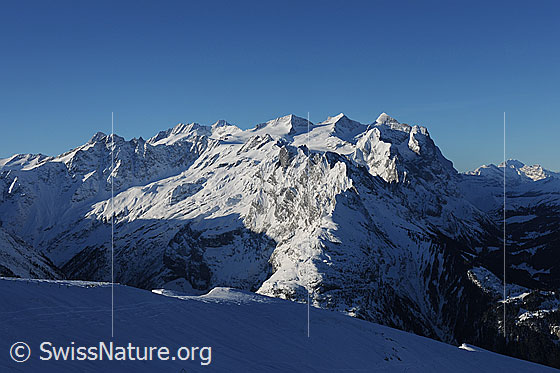 Foto: Berner Alpen und Reichenbachtal.
Hangendgletscherhorn, Ränfenhorn, Dossen, Rosenhorn, Mittelhorn, Wetterhorn und Scheideggwetterhorn. Vorgelagert: Engelhörner, Wellhorn und Klein Wellhorn. Gletscher: Ränfengletscher, Rosenlauigletscher und Hengsterengletscher. Das Reichenbachtal liegt noch im Schatten.