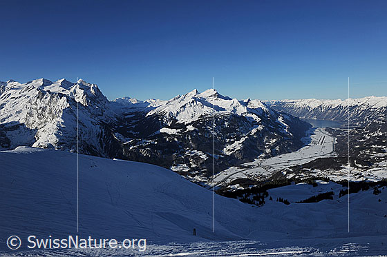 Foto: Tiefblick von Planplatten auf den schneebedeckten Talboden mit Meiringen und die Ebene Richtung Brienzersee und Brienzer Grat. Aussicht auf Rosenhorn, Mittelhorn, Wetterhorn, Scheideggwetterhorn und vorgelagert Engelhörner, Wellhorn und Klein Wellhorn. Es folgt der Taleinschnitt mit dem Reichenbachtal, das Rosenlauigebiet, Schwarzhorn, Wildgärst, Wandelhorn, Axalphorn und Oltschiburg.