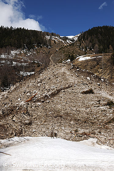 Foto: Lawinenzug Lochgrabe. Im Talgrund hat sich ein mächtiger Lawinenkegel aufgetürmt.