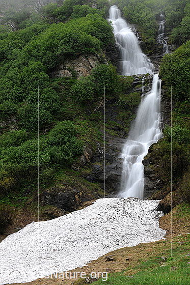 Foto: Mit Sträuchern bewachsener Berghang mit mehreren Felsstufen, über welche sich ein Wasserfall ergiesst (Langzeitaufnahme). Im Vordergrund ist ein Schneefeld zu sehen.
