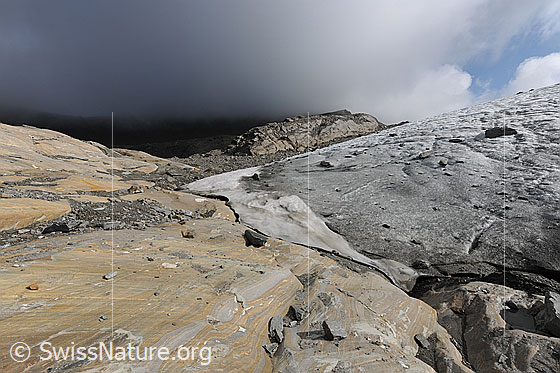 Foto: Gletscherschliff am Gletscherrand des Chaltwassergletschers. Auf den geschliffenen Felsen und dem Chaltwassergletscher liegen Steine und Felsblöcke. Die Farbe der Felsen variert zwischen Grau- und Brauntönen. Über der Gletscherlandschaft sind tief liegende Wolken zu sehen.
