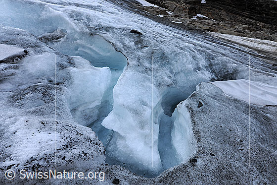 Foto: Gletscherbach im Eiskanal. Auf der Oberfläche des Chaltwassergletschers hat sich Schmelzwasser tief ins Gletschereis gegraben. Dabei sind Kanäle mit interessanten Formen und Schlaufen entstanden. Supraglazialer Schmelzwasserkanal.
