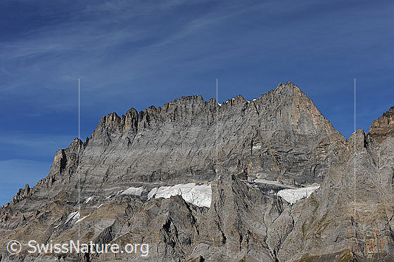 Foto: Südostseite des Doldenhorn. Links der Südgrat, in der Mitte der obere Teil des Galletgrats, rechts der Ostgrat, welcher vom Fründenjoch steil emporsteigt. Schön zu sehen ist die Südostwand, über welche eine der grossen alpinen Sportkletterrouten, die Doldorphin, verläuft.
Gletscher: Doldenhorn-SE