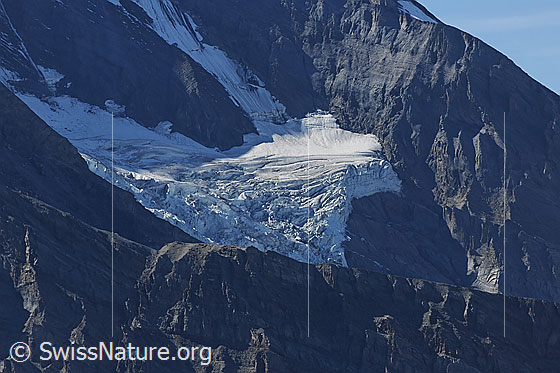 Foto: Balmhorngletscher mit Gletscherabbruch umgeben von Fels.