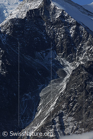 Foto: Holzgletscher. Der Gletscher ist mit Geröll bedeckt.
