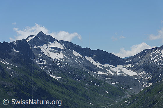 Foto: Pizzo Lucendro von N.
Gletscher: Reste des Meschitollerfirn (unterhalb Gipfel und Pass im rechten Bildteil).