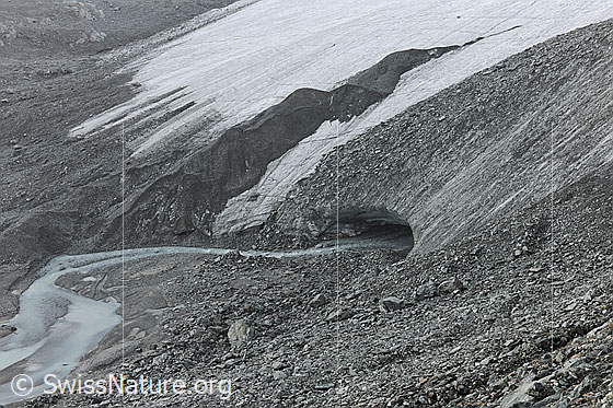 Foto: Gletschertor und Gletscherbach des Schwarzberggletschers. Der Bach windet sich durch das Geröll im Gletschervorfeld der urtümlichen Gletscherlandschaft. Die Gletscherzunge endet flach und ist teils weiss, teils mit Geröll bedeckt (= Obermoräne).
