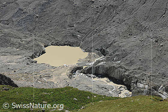 Foto: Gletschereis und Gletschersee des Grindelwaldgletschers. Das Eis ist mit Geröll bedeckt und einzelne Eisbrocken sind abgebrochen. Die braune Farbe des Wassers stammt von Erdreich, welches durch Murgänge in den See gelangte.
