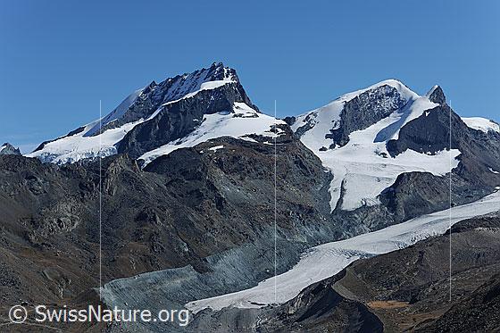 Foto: Rimpfischhorn, Strahlhorn und Adlerhorn.
Gletscher: Mellichgletscher (links), Adlergletscher (rechts oben) und Findelgletscher (rechts unten).
