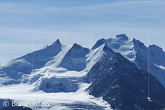Foto: Mischabel vom Augstbordhorn.
Gipfel: Natelhorn, Stecknadelhorn, Hohberghorn, Dürrenhorn, Dom
Gletscher: Riedgletscher und Hohberggletscher
