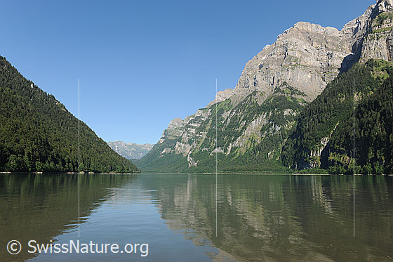 Foto: Klöntalersee und Ruchen (Glärnisch) mit Spiegelung auf der weiten Wasserfläche.