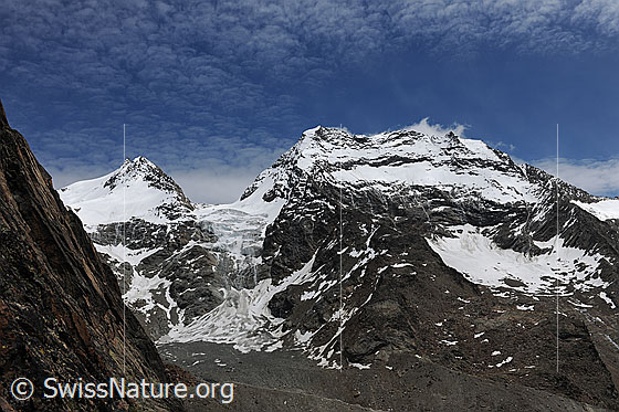 Foto: Fletschhorn und Lagginhorn.
Dazwischen liegt der Fletschhorngletscher.