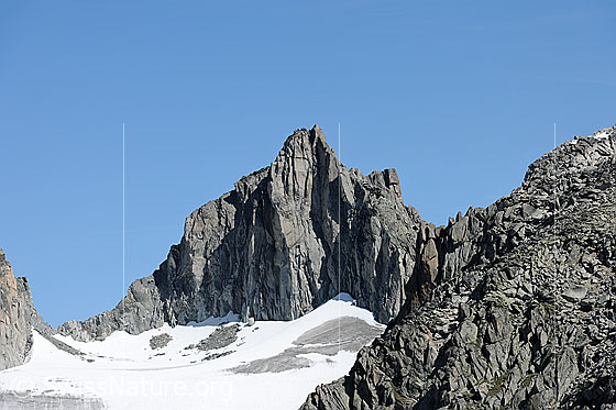 Foto: Sidelenhorn.
Die Felsspitze mit den steil abfallenden Felswänden ragt in den blauen Himmel.