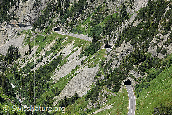 Foto: Passstrasse und Tunnels am Sustenpass. Die Überquerung der Alpenpässe ist heute normalerweise problemlos möglich. Bei schlechter Witterung kann die Befahrung eines Alpenpasses aber relativ schnell abenteuerlich werden.