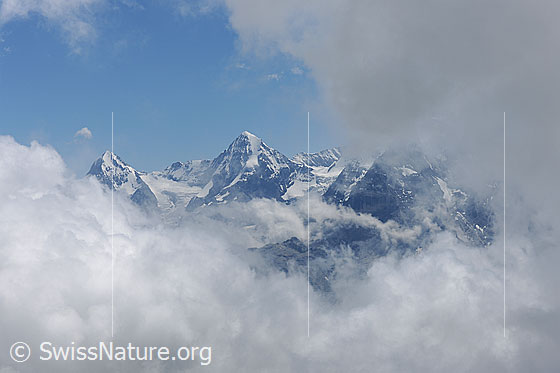 Foto: Stimmungsbild: Wolkenmeer in den Alpen. 
Durch eine Wolkenlücke sind Eiger und Mönch zu sehen.