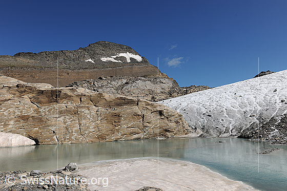 Foto: Gletschersee am Chaltwassergletscher. Dahiner ist das Wasenhorn mit seinen interessanten Gesteinsschichten.
