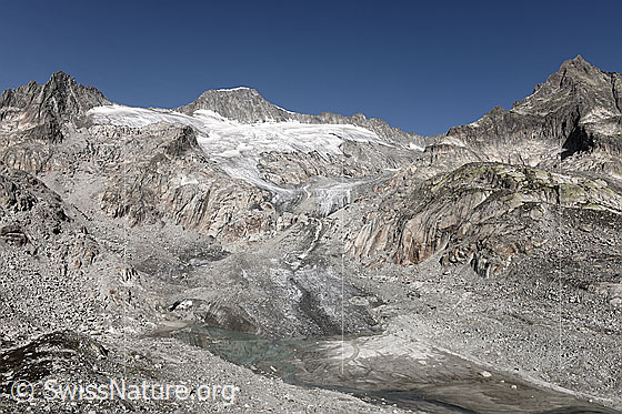 Foto: Tiefengletscher, Urner Alpen. 
Die Gletscherzunge endet in einem sandigen Gletschervorfeld mit Gletschersee. Im Hintergrund sind Gross Bielenhorn, Galenstock und Gletschhorn zu sehen.
