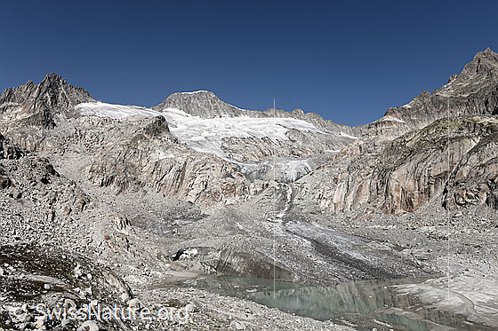 Foto: Gletscherlandschaft am Tiefengletscher. Die flache Gletscherzunge endet im Gletschersee. Im Hintergrund sind Gross Bielenhorn und Galenstock zu sehen.
