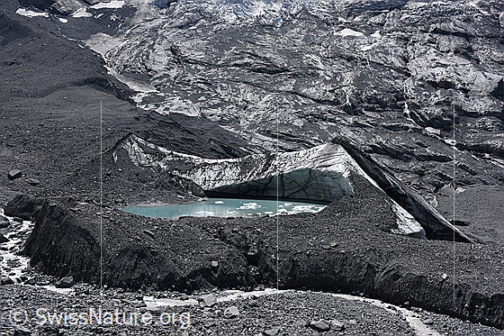 Foto: Gletschersee (Randglazialer See) am Gamchigletscher.
Dieser Gletschersee entstand Ende 2016 und entleerte sich im September 2019.
Im August 2019 zeigte sich der Gletschersee von seiner besten Seite.


