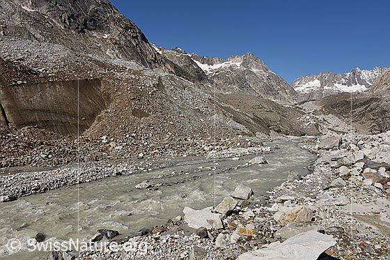 Foto: Unteraargletscher: Bereich des südlichen Gletschertor (Stand 7.2021).
Der Gletscherbach führt viel Wasser/Schmelzwasser.
Weiter links befindet sich ein weiterer Abfluss von Wasser/Schmelzwasser.
