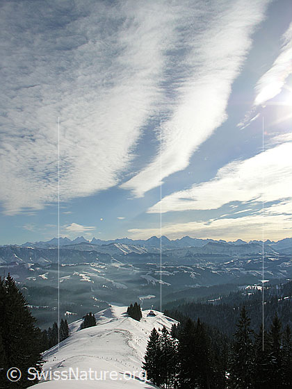 Foto: Blick vom Farnliesel über schneebedeckte Emmentaler Hügellandschaft Richtung Berner Alpen. Schleierwolken bilden interessante Muster am Himmel.
