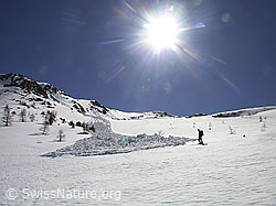 F010257: Skitourenfahrer neben Nassschneerutsch